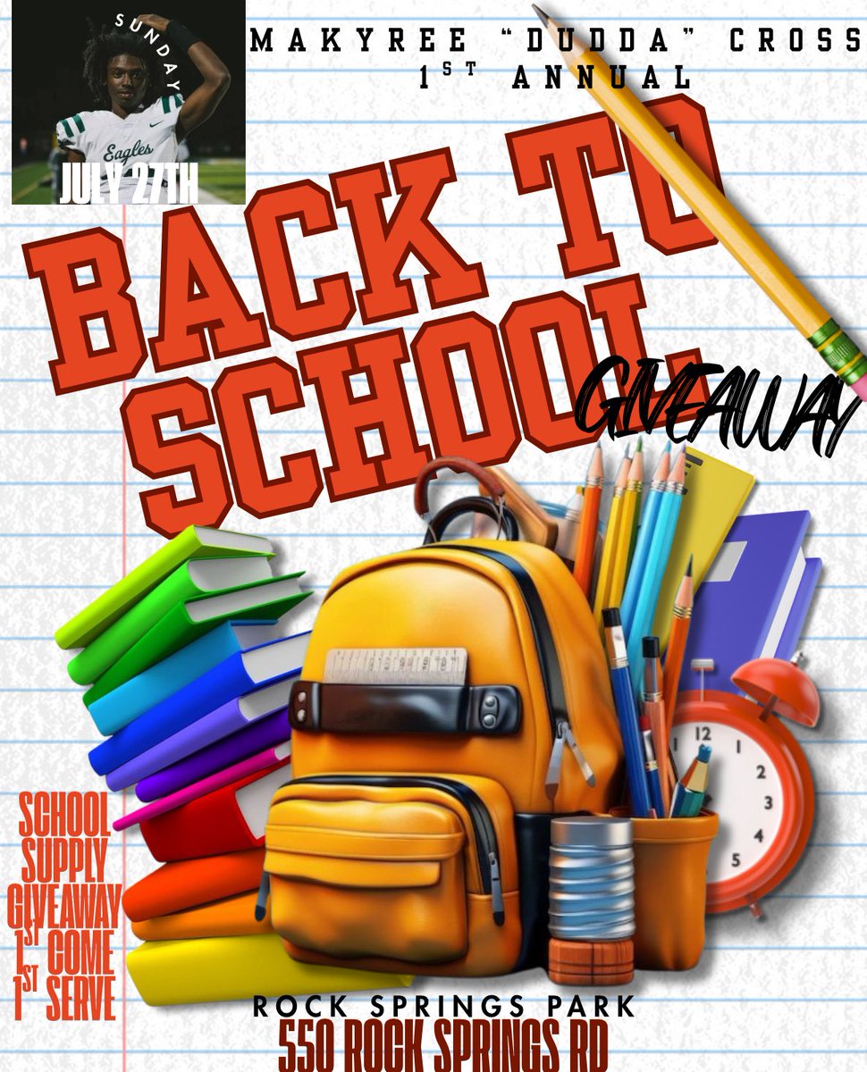 QB1_Cross's tweet image. 📣 Excited to host my 1st Annual Back-to-School Giveaway!
🗓️ Sun, July 27 | ⏰ 12–3 PM
📍 Rock Springs Park Football Field
FREE school supplies while they last! 🎒✏️📚
Still accepting donations: backpacks, paper, folders, pencils, glue sticks. DM to help!
Let’s support our…