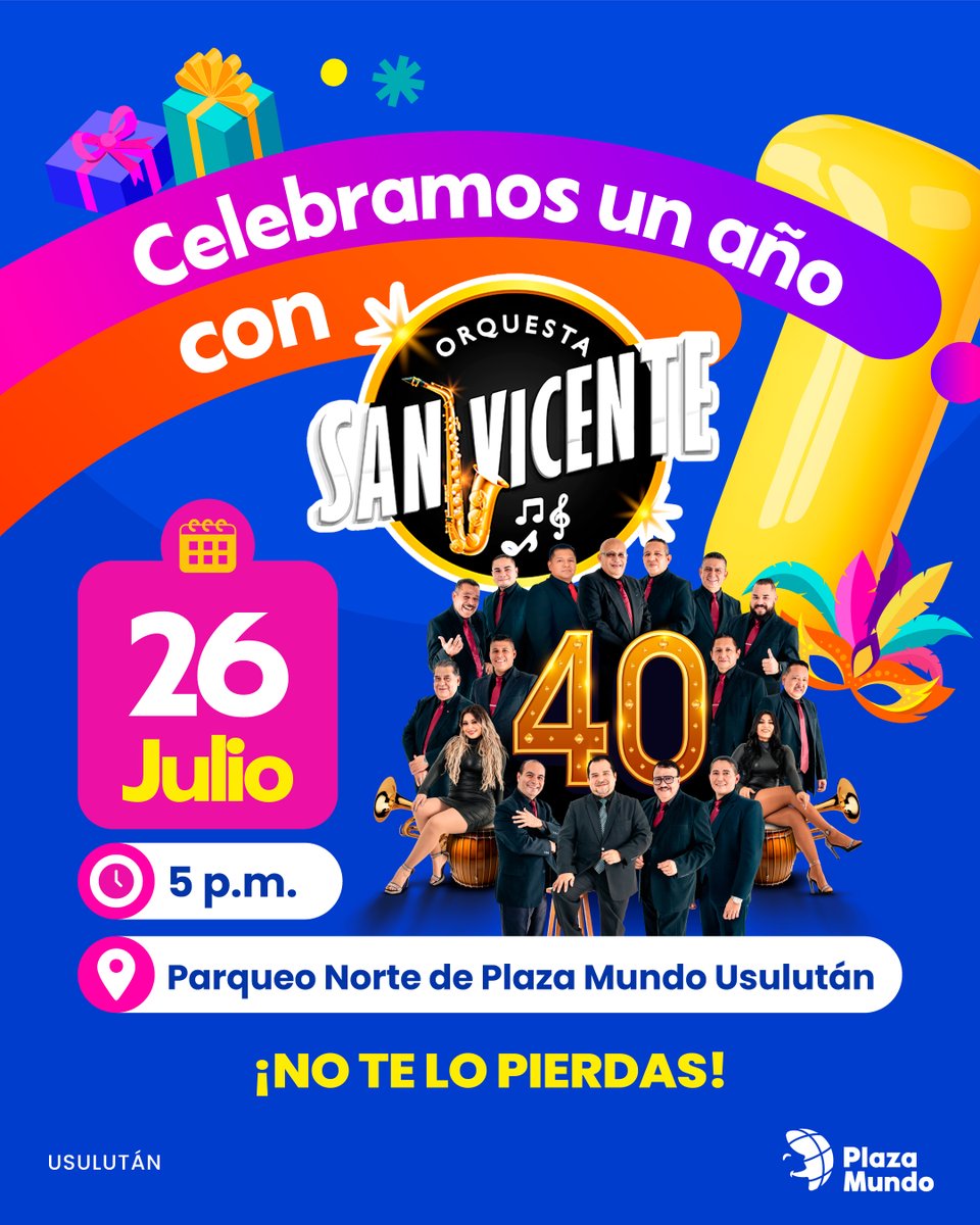 🎉¡Seguimos de fiesta en #PlazaMundoUsulután!🥳 Este 26 de julio celebraremos nuestro primer aniversario a lo grande. 🎷🎶 

¡Prepárate para bailar, cantar y disfrutar de una tarde inolvidable!💃🕺

🗓Sábado 26 de julio.
🎟Entrada totalmente GRATIS.

✨¡No te lo puedes perder!✨
