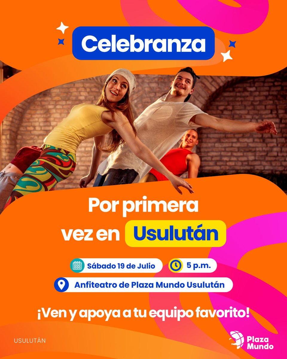 🎉💃¡La emoción de Celebranza llega por primera vez a #PlazaMundoUsulután!🕺🔥

Prepárate para disfrutar de una tarde llena de ritmo, talento y mucha energía con presentaciones espectaculares que te harán vibrar. 🎶✨

¡No te lo puedes perder! 🧡