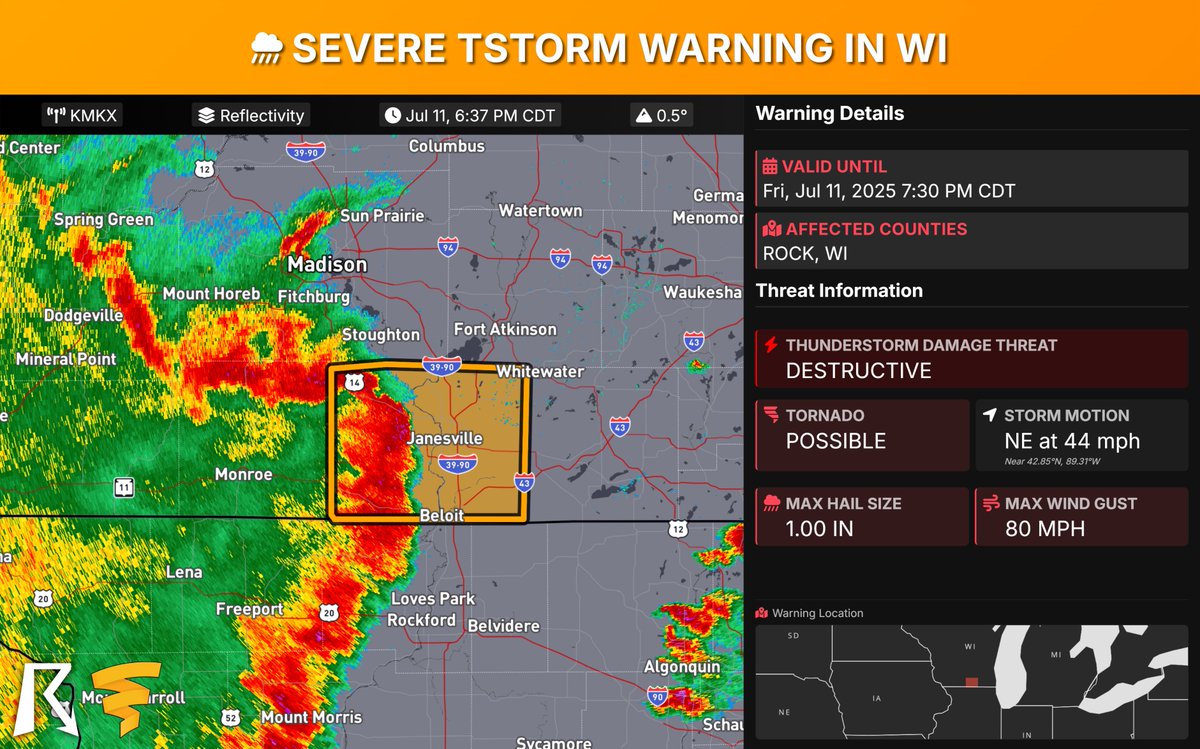 Wisconsin Severe Thunderstorm Warning: DESTRUCTIVE storms with 80 mph winds and 1.00 IN hail moving NE at 45 mph impacting Janesville, Beloit, Evansville, Brodhead. Flying debris, heavy damage to homes/vehicles, power outages likely. TORNADO POSSIBLE. Get to an interior room on