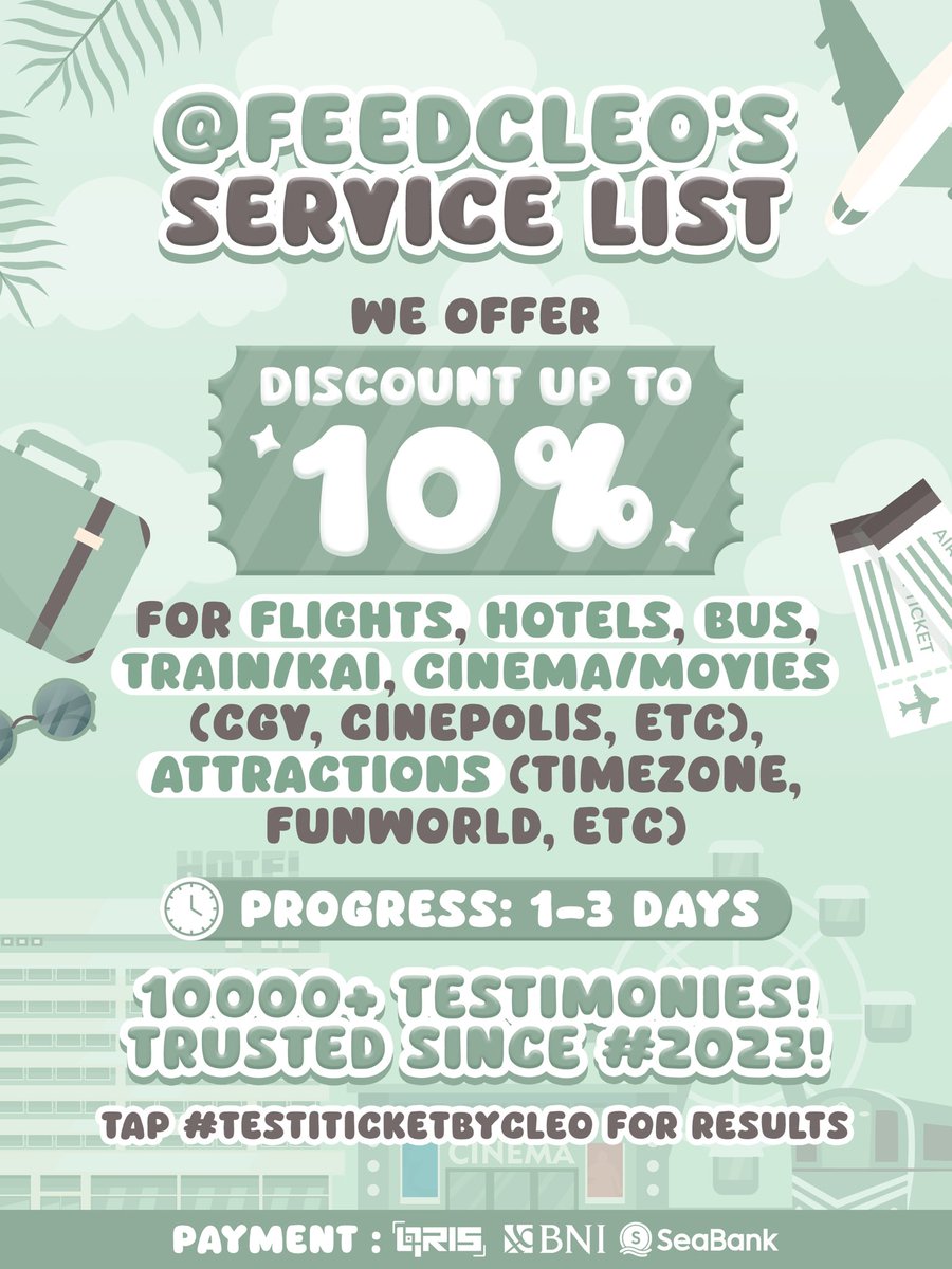 feedcleo's tweet image. hi dear♡ 
nyari tiket pesawat, kai, bus, hotel, wahana, bioskop yg lebih murah dari aplikasi? hmu on wa/dm 𐀪

ada diskon yg “lumayan” tuk cut pengeluaran km #TestiTicketByCleo — • since 𝟐𝟎𝟐𝟑 

tag. diskon voucher murah #zonaBA #zonauang
wa.me/6285837272127