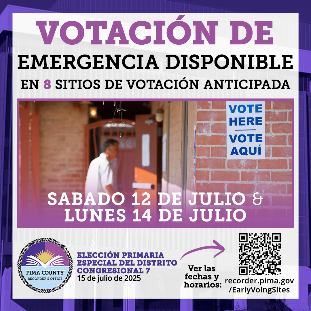 ¿No está seguro de poder acudir a votar el día de las elecciones? Tenemos votación de emergencia disponible el sábado 12 de julio y el lunes 14 de julio en 8 lugares en todo el condado de Pima. recorder.pima.gov/EarlyVotingSit…