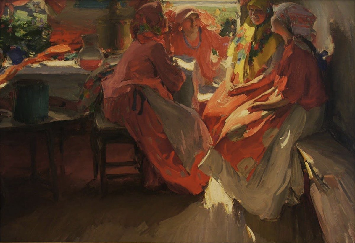 Color and movement to this tight composition of four seated young woman, by Russian artist Abram Arkhipov (1862-1930). Arkhipov carried the exterior light onto the figures to give them a youthful energy and focus.