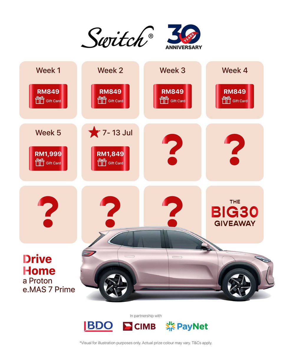 LOOK what our past winners got! 👀
This week, it could be YOU walking away with a RM1,849 Gift Card — perfect for an iPad mini A17 Pro! 🍎🔥

Just shop at Switch and pay with MyDebit or DuitNow QR — no min spend needed! 💳

You’re also in the running for the Proton e.MAS 7 Grand