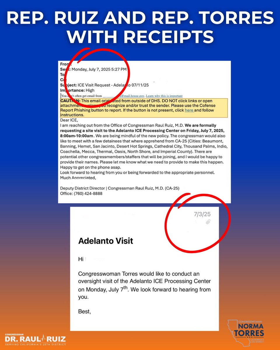 RepRaulRuizMD's tweet image. ICE is already trying to spin that our visit today did not come with advanced notice. We did notify them — twice. Both of our teams followed protocol. They still denied us entry. So the question is: What are they hiding?
This is just another example of the Trump administration…