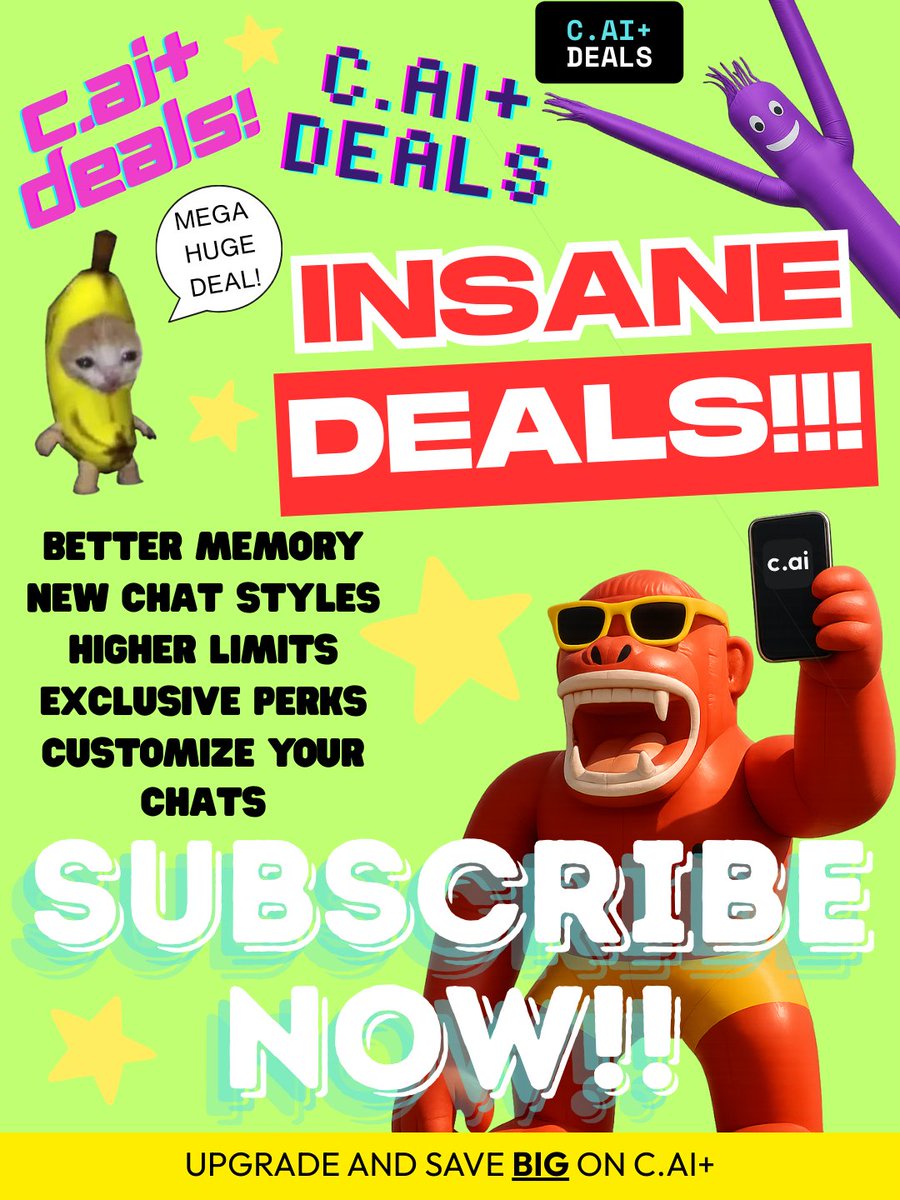character_ai's tweet image. ‼️DEALS ON DEALS ON DEALS‼️
Save big yearly on your CAI+ subscription starting TODAY!
We’re excited to introduce our new annual CAI+ subscription! Now you can enjoy the full CAI+ experience for a discounted rate when you subscribe for a year. It’s the best way to get better…