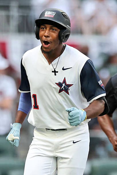 HBCUSports1's tweet photo. Kameron Douglas from Alabama State celebrates following 2nd inning HR during the HBCU Swingman Classic at Truist Park https://t.co/82hzpEEtbM
