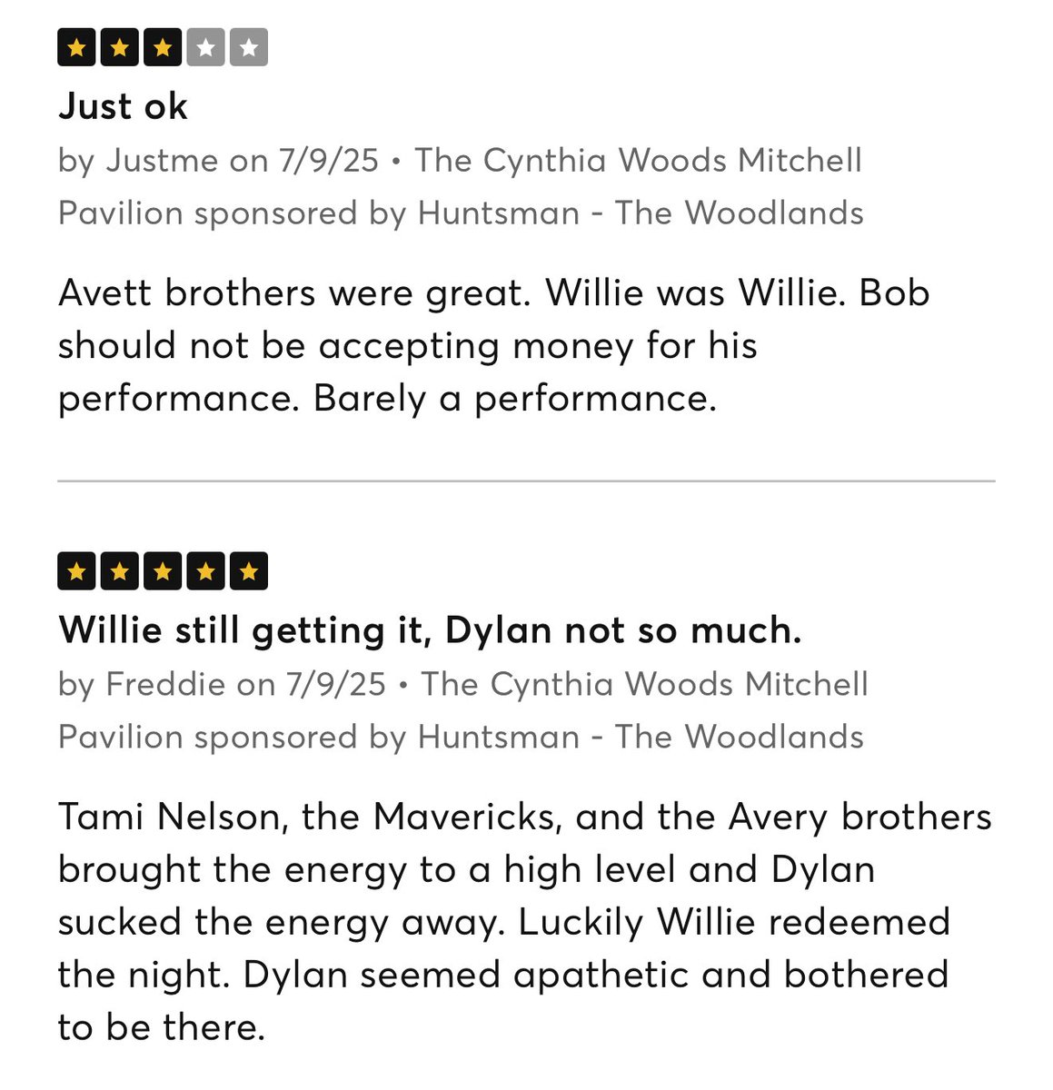 mrestyle's tweet image. I don’t do much reading these days but when I do, it’s reading #BobDylan concert reviews on Ticketmaster. There are incredibly entertaining ones on both his page and the #outlawmusicfestival one. It appears that fans are as angry with Bob as he is with them.