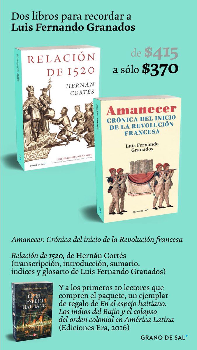 LibrosGranodeSal (@granodesal) on Twitter photo Con ánimo celebratorio y en honor al historiador Luis Fernando Granados, ponemos a disposición de #diez afortunados lectores este paquete conmemorativo.
✨Tres de Luis Fernando Granados 👇
granodesal.com/producto/paque…
Del 10 al 14 de de julio
📖 Sigamos leyendo con <a href="/brownjacobins/">luisfernandogranados</a> Con ánimo celebratorio y en honor al historiador Luis Fernando Granados, ponemos a disposición de #diez afortunados lectores este paquete conmemorativo.
✨Tres de Luis Fernando Granados 👇
granodesal.com/producto/paque…
Del 10 al 14 de de julio
📖 Sigamos leyendo con <a href="/brownjacobins/">luisfernandogranados</a>