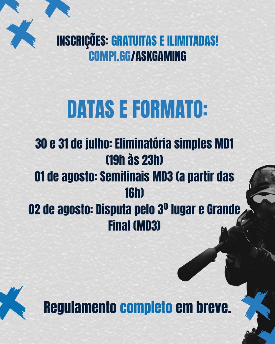 INSCRIÇÕES ABERTAS!  O CHALLENGER SÉRIES VAI COMEÇAR E VOCÊ NÃO PODE PERDER! 🔥 

Qualify com inscrições gratuitas e ilimitadas, até dia 28/07 às 23h59! 

Dispute sua vaga nesse qualify para o Closed, com premiação total de R$2.000,00. 

Inscrições: compi.gg/askgaming 

+