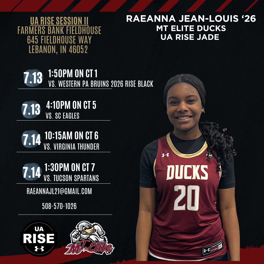 Raeanna Jean-Louis (@raeannajl21) on Twitter photo I can’t wait to play in Indiana this weekend for the UA Rise Session II with the <a href="/MTEliteDucks/">MT Elite Ducks</a>! Check out my schedule below! <a href="/AllieScarpa/">Allie</a> <a href="/TimLopes9/">Coach Tim Lopes</a> <a href="/mdell74/">Matt DellaBarba</a> I can’t wait to play in Indiana this weekend for the UA Rise Session II with the <a href="/MTEliteDucks/">MT Elite Ducks</a>! Check out my schedule below! <a href="/AllieScarpa/">Allie</a> <a href="/TimLopes9/">Coach Tim Lopes</a> <a href="/mdell74/">Matt DellaBarba</a>