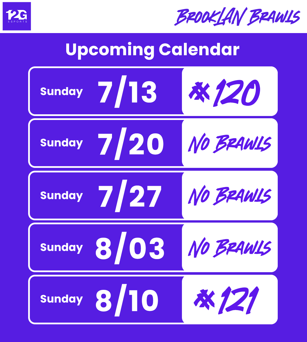 For the rest of July - we will only be hosting one BrookLAN Brawls,  #120! 

Make sure to swing by this coming Sunday for our last bracket of the month.

Registration: start.gg/12G

We will return to our weekly cadence on August 10th for #121!