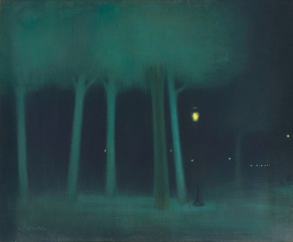 Jozsef Rippl-Ronai (1861-1927), pastel 'A Park at Night' (c.1892), represents a nocturnal landscape. Only a scattered few lights suggest the presence of buildings, life and possibly a road. In the foreground, trees look like a photographic negatives, a bit foreboding.