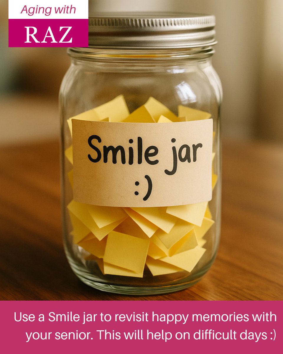 Create a “Smile jar” with your senior. Each day, encourage them to write down something that made them smile: a memory, a meal, a moment. Over time, you’ll build a simple collection of joy that can be revisited on harder days.

#AgingWithRAZ #DementiaCare #SeniorCare