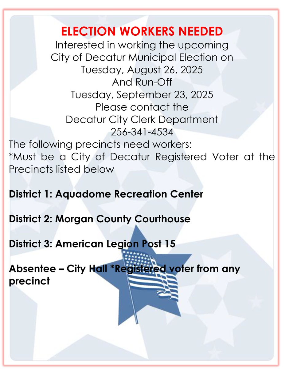 The Decatur City Council will hold a Work Session on July 14 at 5PM at City Hall, 402 Lee St NE.

View the July 21 agenda: cityofdecatural.com/agendas/

Interested in being a Poll Worker? Contact the City Clerk’s Office.

#DecaturAL #CityCouncil