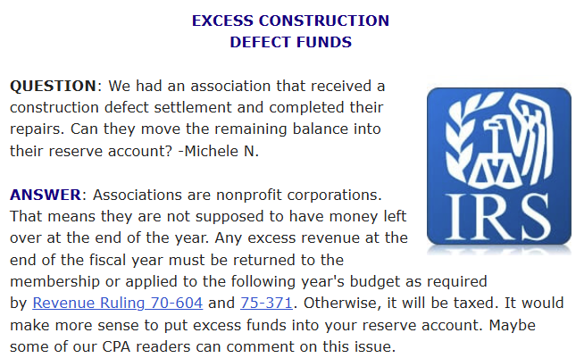 HomWorksCo's tweet photo. An HOA that finishes repairs with leftover construction defect funds can’t just move the excess to reserves. 

As a nonprofit, it must return or apply the funds per IRS rules—or face taxes. Consult a CPA first. https://t.co/LQKGHlhr5v