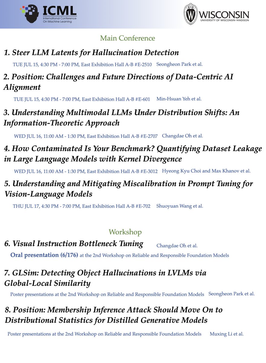 SharonYixuanLi's tweet image. ✨ My lab will be presenting a series of papers on LLM reliability and safety at #ICML2025—covering topics like hallucination detection, distribution shifts, alignment, and dataset contamination.

If you’re attending ICML, please check them out! My students @HyeonggyuC @shawnim00…