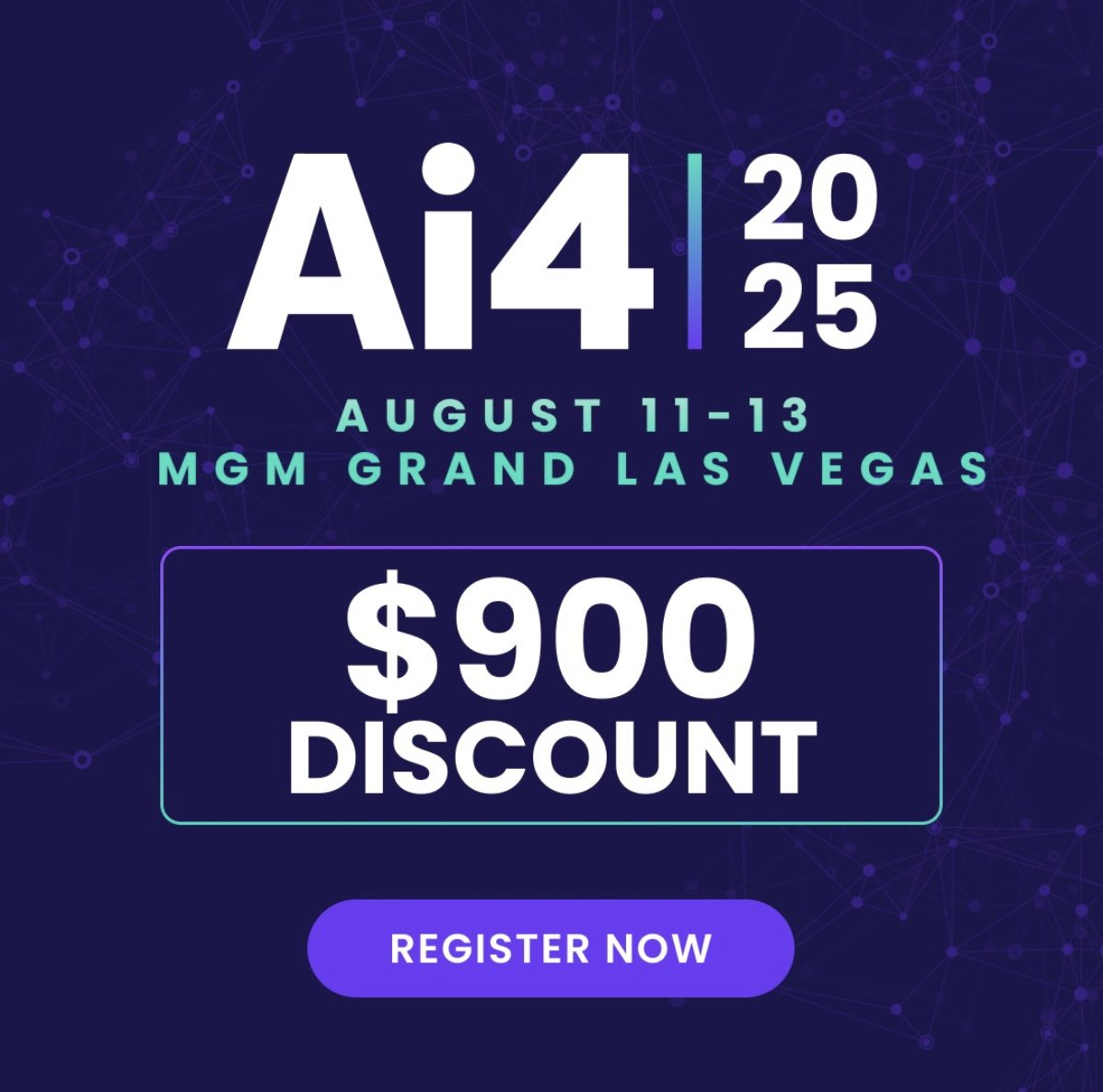 Heads up! Ticket prices for Ai4 2025 increase TONIGHT at 11:59PM PST.

Lock in your pass now and save $900 before prices go up. Don’t miss your chance to join 8,000+ leaders driving the future of AI.

Register now: shorturl.at/UFUgK

#Ai42025 #AIConference