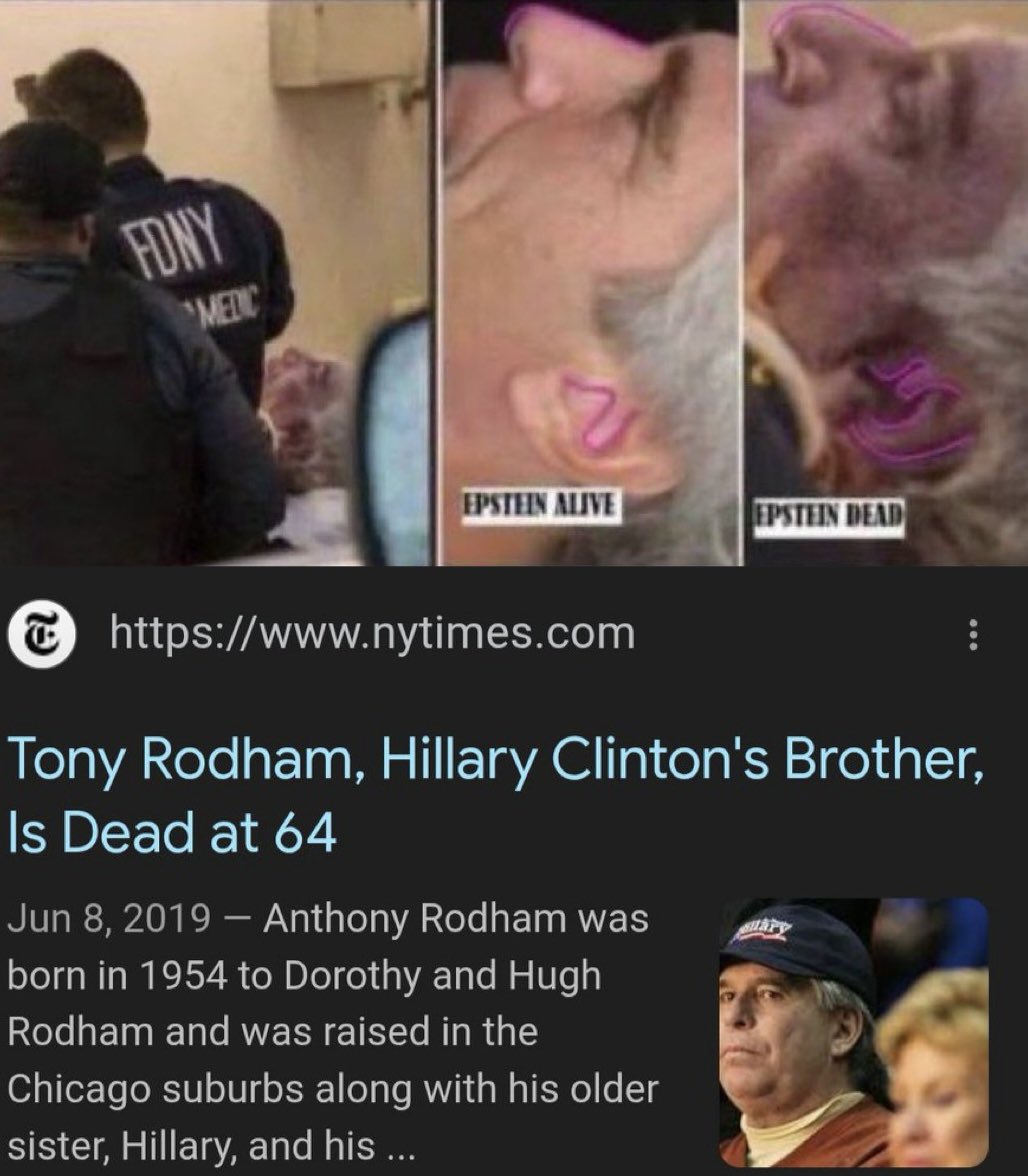 KAGdrogo's tweet image. If Epstein is alive in witness protection, it would be standard protocol for Kash to say he’s dead.
The body double they used sure looks like Hillary Clinton’s brother who died around the same time.
Definitely wasn’t Epstein.