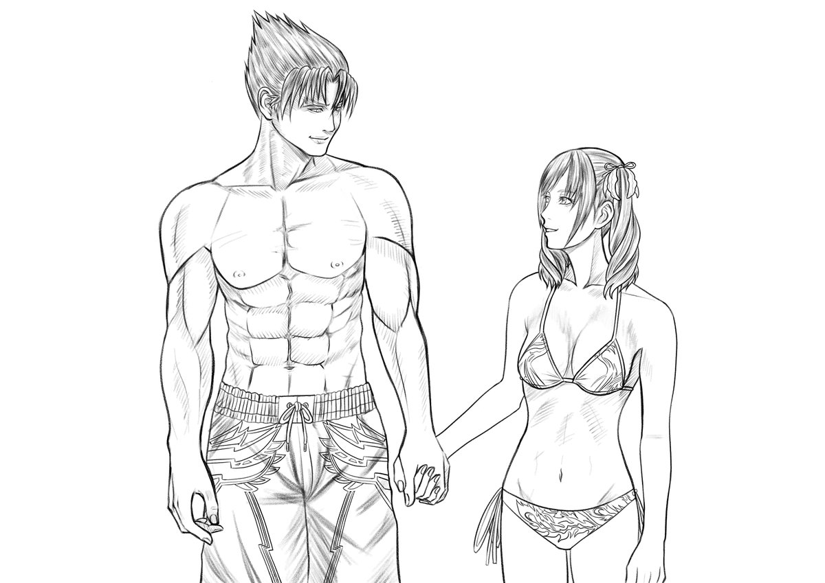 The swimsuits shown during the Tekken 8 stream made me want to draw Jin and Xiaoyu.  #wip #Pencildrawing #pencilart