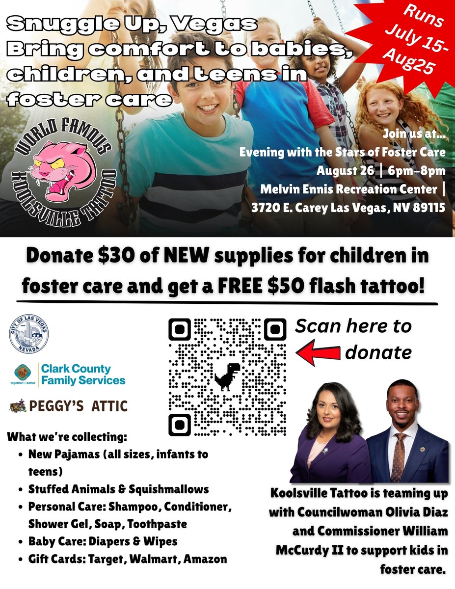 CommishMcCurdy's tweet image. 🧸✨ Snuggle Up, Vegas!
Donate $30 of new supplies for kids in foster care and get a FREE $50 flash tattoo from Koolsville!
🗓️ July 15–Aug 25
🎁 PJs, baby items, gift cards & more
📍Join us Aug 26 for Evening with the Stars of Foster Care