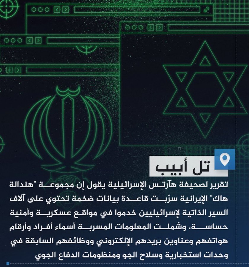 اختراق سيبراني إيراني غير مسبوق يكشف بيانات الآلاف من العاملين في الجيش الإسرائيلي  في تطور خطير وغير مسبوق في مجال الحرب السيبرانية بين إيران وإسرائيل، كشفت صحيفة هآرتس العبرية عن اختراق سيبراني نفذته مجموعة "هندالة هاك" الإيرانية، أسفر عن تسريب قاعدة بيانات ضخمة تتضمن معلومات