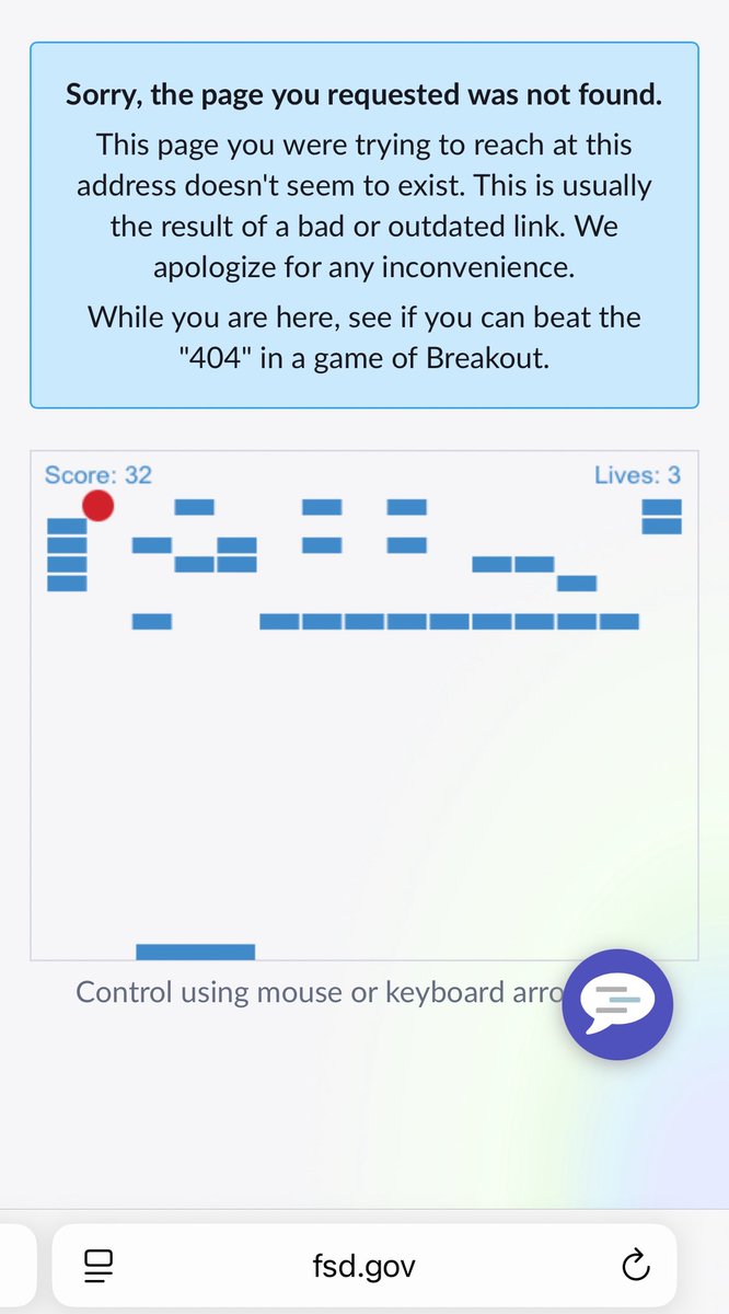 CatOrman1's tweet image. brickbreaker on 404 page … incredible easter egg on the otherwise joyless UX that is SAM dot gov