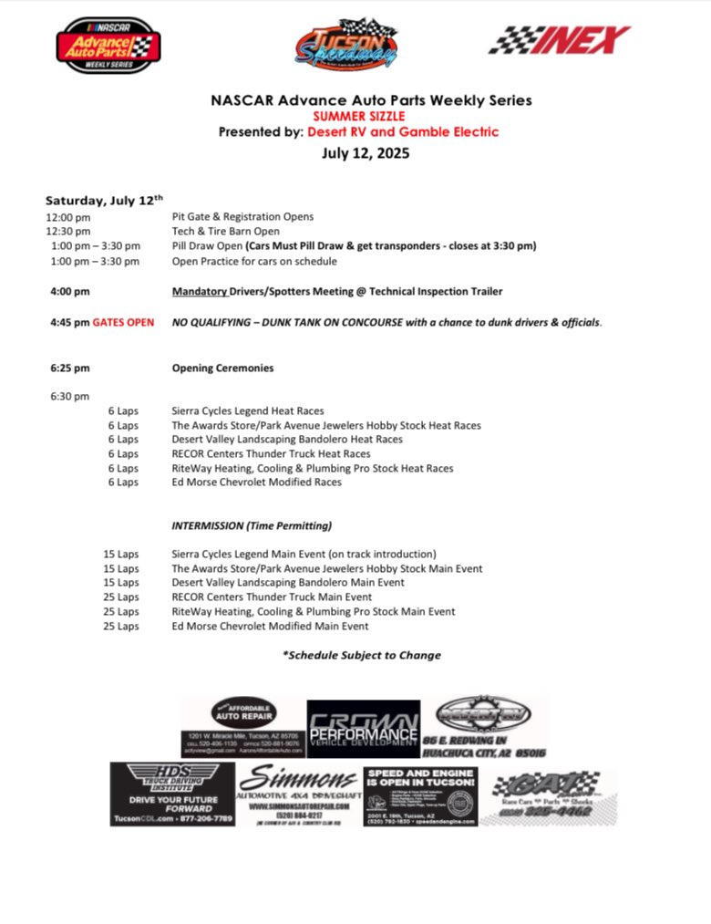 Who’s ready for Short Track Saturday? 

The Summer Sizzle is on at Tucson Speedway! 

There will be no qualifying this weekend, instead arrive early to get the chance to dunk your (least) favorite driver. 

Gates: 4:45pm
Tickets: myracepass.com/events/540012
Streaming: <a href="/LBTV_racing/">Low Budget TV</a>