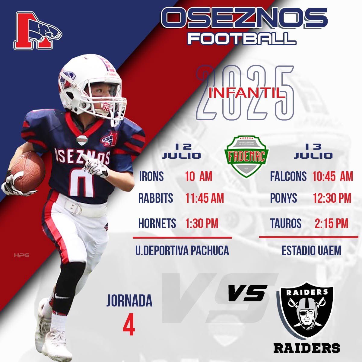 🚨 Jornada 4🚨

Familia aquí les dejamos los días y horarios de la siguiente jornada de nuestras categorías infantiles en la <a href="/LigaFademac/">FADEMAC</a> 

Oseznos 🆚 <a href="/Raidersarboleda/">Raiders arboledas</a> 

#GoOseznosGo