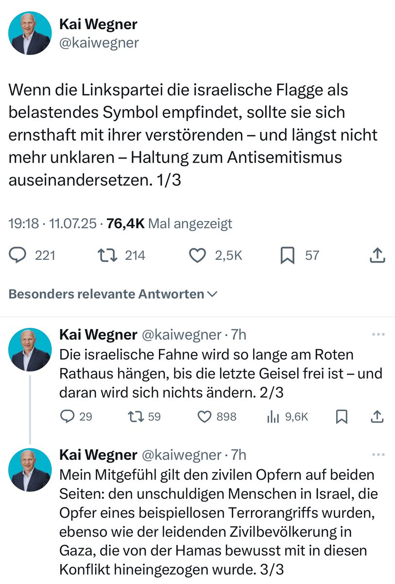 Tarek Baé (@tarek_bae) on Twitter photo Berlins Bürgermeister <a href="/kaiwegner/">Kai Wegner</a> findet es „antisemitisch“, wenn man die Flagge des Genozid-Regimes Israel an deutschen Ämtern kritisch sieht. Sein Weltbild ist auffällig: Israelis sind „unschuldig“ und „Menschen“ und Opfer von „Terror“. Palästinenser erwähnt er namentlich nicht, Berlins Bürgermeister <a href="/kaiwegner/">Kai Wegner</a> findet es „antisemitisch“, wenn man die Flagge des Genozid-Regimes Israel an deutschen Ämtern kritisch sieht. Sein Weltbild ist auffällig: Israelis sind „unschuldig“ und „Menschen“ und Opfer von „Terror“. Palästinenser erwähnt er namentlich nicht,