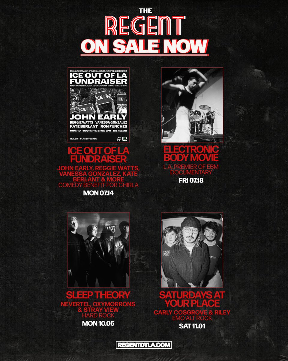 RegentTheaterLA's tweet image. 🚨 ON SALE NOW 🚨
7/14 ICE out of LA Fundraiser
7/18 Electronic Body Movie
10/8 Sleep Theory
11/1 Saturdays at your place
Get tix at regentdtla.com 🎫