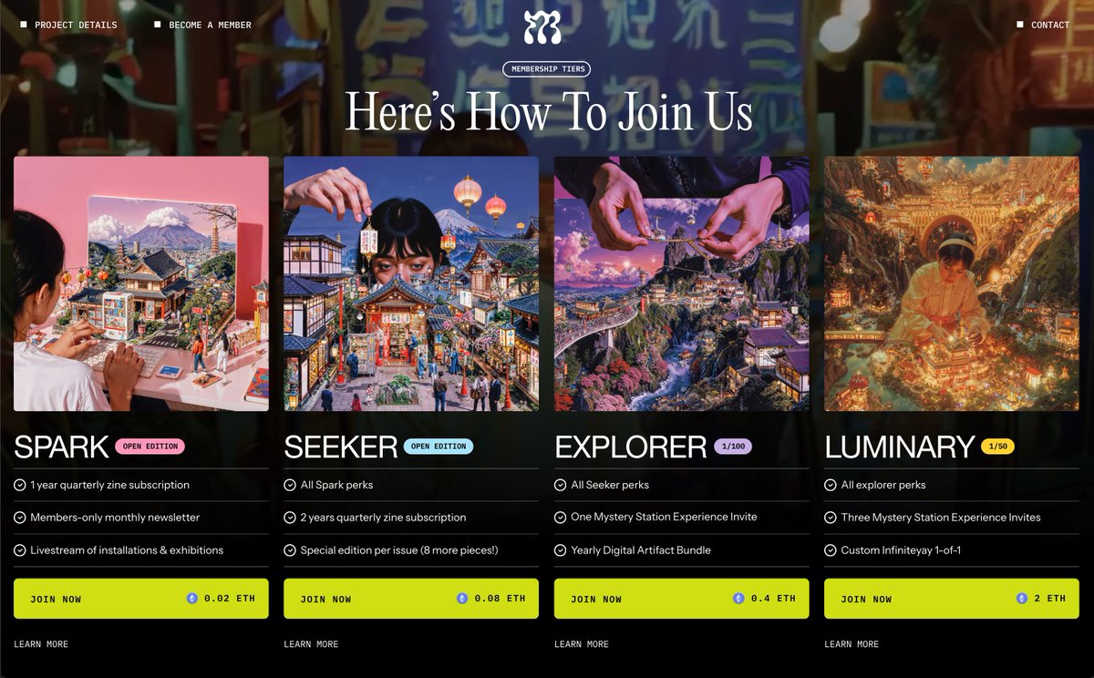 ✧ Minting is live! ✧

➤ 4 ways to join Mystery Station
➤ from Digital zine access to Experiences in Japan
➤ Each tier comes with an editioned piece

✨ Jump to the site below!