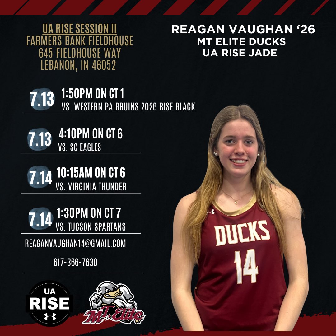 Reagan Vaughan (@reaganavaughan) on Twitter photo I can’t wait to compete with the <a href="/MTEliteDucks/">MT Elite Ducks</a> this weekend at UA Rise Session II in Indiana! College Coaches, check out my schedule below!
<a href="/AllieScarpa/">Allie</a> <a href="/TimLopes9/">Coach Tim Lopes</a> <a href="/mdell74/">Matt DellaBarba</a> I can’t wait to compete with the <a href="/MTEliteDucks/">MT Elite Ducks</a> this weekend at UA Rise Session II in Indiana! College Coaches, check out my schedule below!
<a href="/AllieScarpa/">Allie</a> <a href="/TimLopes9/">Coach Tim Lopes</a> <a href="/mdell74/">Matt DellaBarba</a>