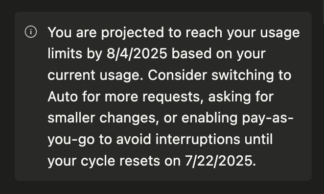 ronaldlangeveld's tweet image. Soooo, what's the deal with this @cursor_ai ? If my cycle resets on the 22nd of July, what's with the August projection? Based on that I don't think I'll reach any limits?
This message seems rather contradictory.