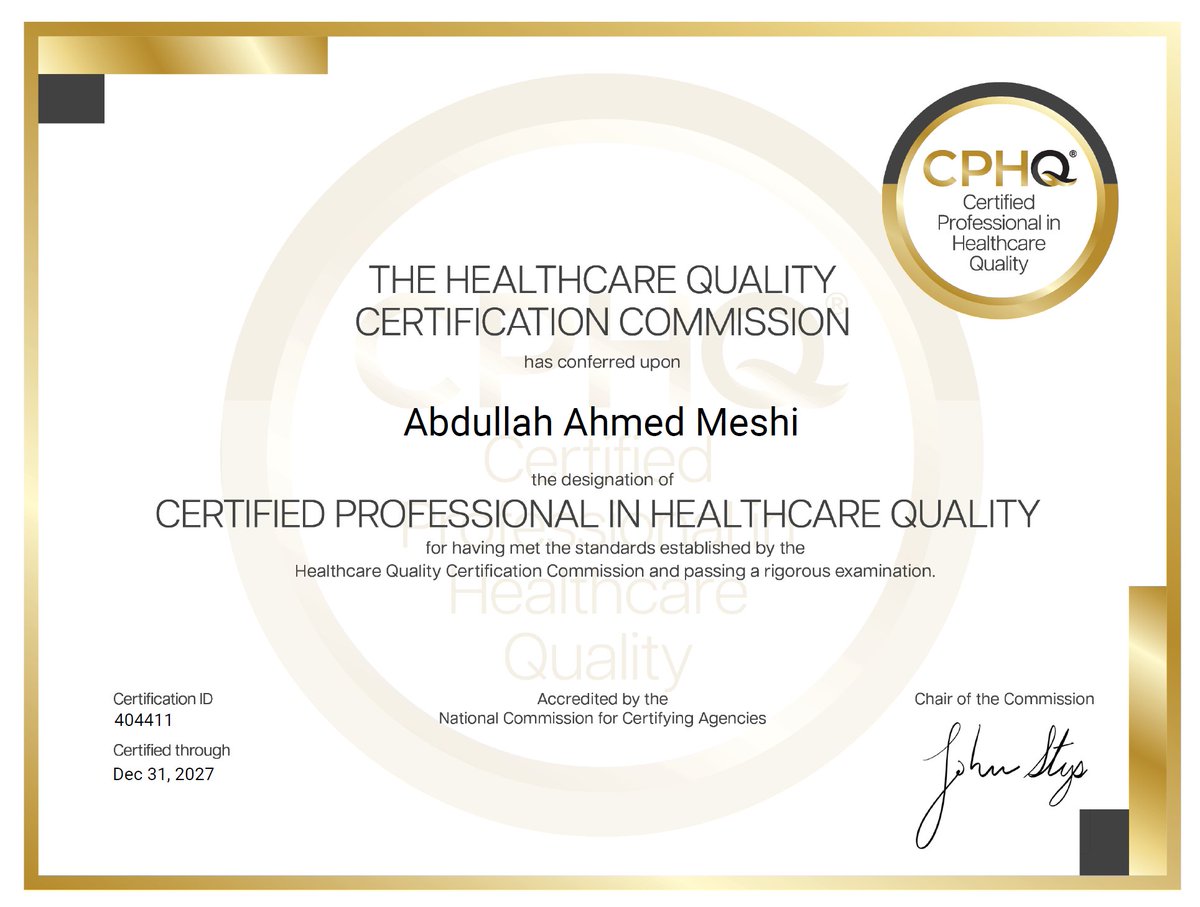 1-1) الحمدلله على فضله وتوفيقه، فقد إجتزت اختبار شهادة ال CPHQ كمحترف معتمد في جودة الرعاية الصحية (تعرف ايضا بالبور الامريكي في جودة الرعاية الصحية) بأقل فترة اعداد ومراجعة لم تتجاوز في مجملها 3 اسابيع فقط.