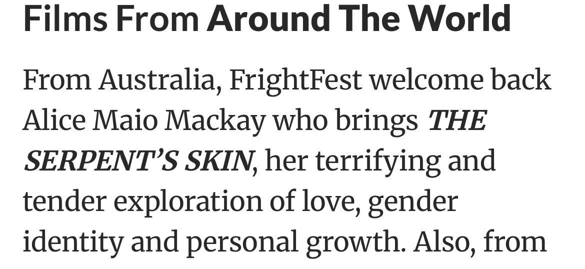 alicemaiomackay's tweet image. SERPENT’S SKIN UK premiere @FrightFest such an honor to be on this incredible line up. August 25th ! Someone plz fly me over🥹