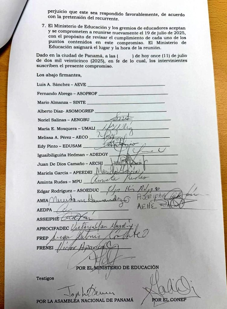 Conoce el acuerdo entre docentes y Meduca.
El documento se llama declaración de principios por la educación para el retorno a clases.
Habla del regreso a clases.
Todo lo demás se resuelve en la Corte.
No habla qué se va derogar la Ley 462.
No se habla de revision de la Ley 462
No