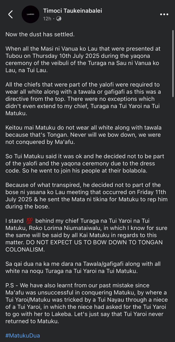 queen_may10's tweet photo. Just learned another beautiful piece of history abt Matuku..

They said ‘DO NOT EXPECT US TO BOW DOWN TO TONGAN COLONIALISM….’ - A powerful statement indeed. I love it.

Vinaka vakalevu Matuku, I now have mad respect for your ancestors, the people and your Vanua🫡 Ni Kalougata. https://t.co/SZMwAh5pZw