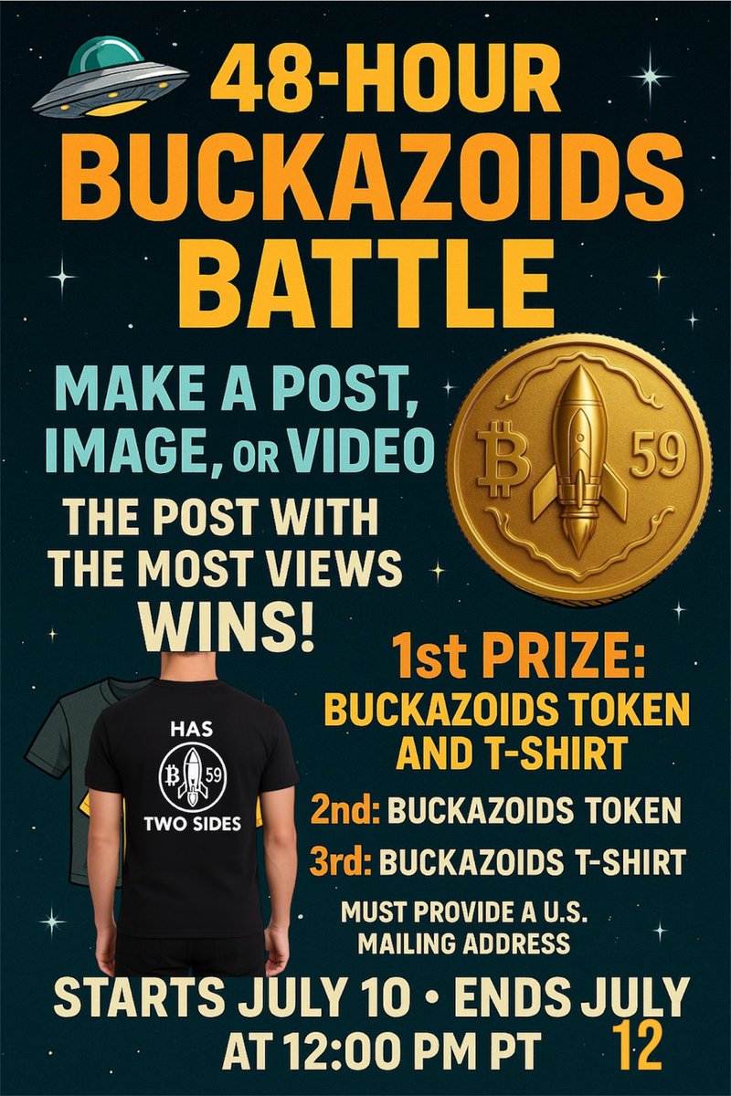 THE CRYPTO KING ๐๐ (@cryptoking_2020) on Twitter photo ๐จ Buckazoids 48-Hour Competition ๐จ
Win a Token ๐ฝ or T-Shirt ๐ โ just for showing support!
๐ธ How to Enter:
1๏ธโฃ Post a pic, video, or meme repping #Buckazoids
2๏ธโฃ Get the most views
3๏ธโฃ Win epic prizes!
๐ Starts: July 10 @ 12 PM PT
โฐ Ends: July 12 @ 12 PM PT
๐
1st: Token + ๐จ Buckazoids 48-Hour Competition ๐จ
Win a Token ๐ฝ or T-Shirt ๐ โ just for showing support!
๐ธ How to Enter:
1๏ธโฃ Post a pic, video, or meme repping #Buckazoids
2๏ธโฃ Get the most views
3๏ธโฃ Win epic prizes!
๐ Starts: July 10 @ 12 PM PT
โฐ Ends: July 12 @ 12 PM PT
๐
1st: Token +