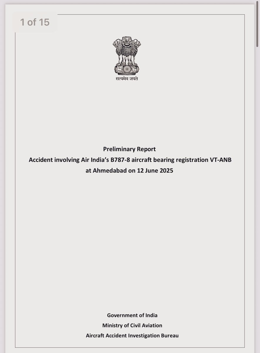 BREAKING ⚠️

AI171 preliminary crash report out: Both engines shut down seconds after takeoff. Pilots denied cutting fuel. RAT deployed, thrust levers idle, engines failed to relight. Crashed in 32 secs. Fuel clean. Known fuel switch flaw not inspected. aaib.gov.in/What's%20New%2