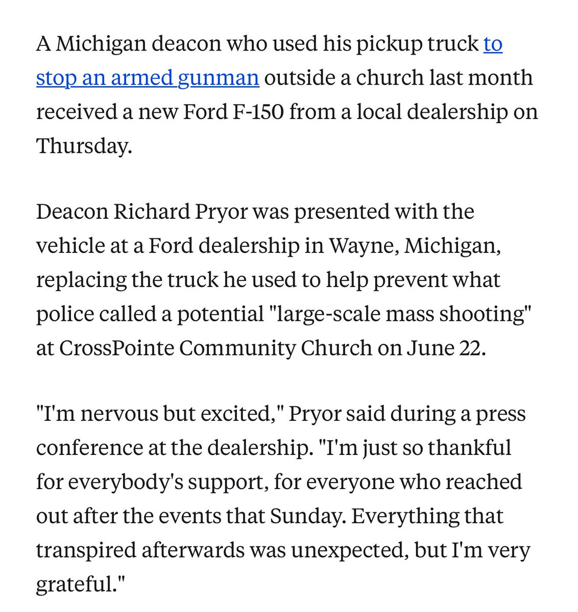 🔥🔥🔥🔥 A Michigan deacon who used his pickup truck to stop an armed gunman outside a church last month received a new Ford F-150 from a local dealership on Thursday.