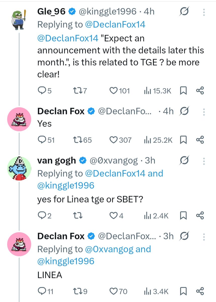 💥Finally update about <a href="/LineaBuild/">Linea.eth</a> TGE

✅Team <a href="/DeclanFox14/">Declan Fox</a> confirmed
📅Expect Linea TGE details this month

🗓️We have 20 days to go
🤔What do u think? announcement or further delay?

💙Like
🔁RT