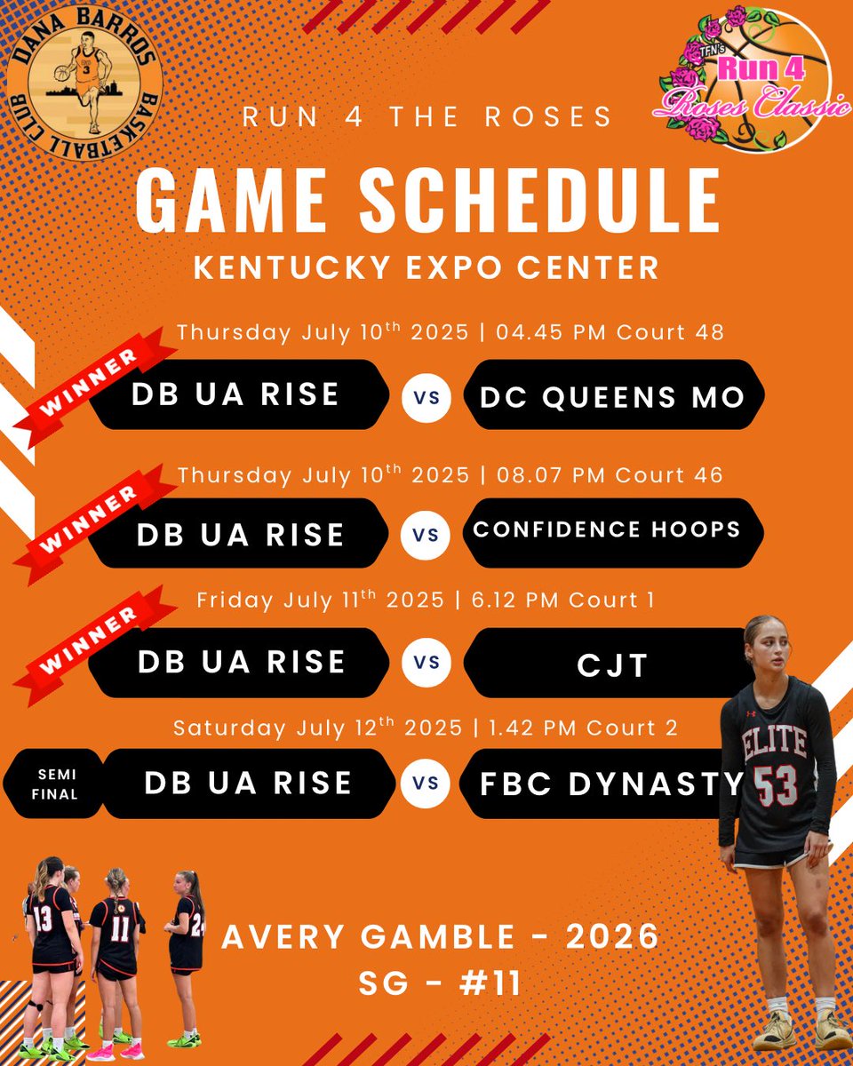 Here is my schedule for tomorrow. <a href="/danabarrosbball/">Dana Barros Basketball</a> We played a tough CJT team and got an amazing win. Our next game is the semi-final tomorrow at 1:42 on court 2!@TFNsRun4Roses