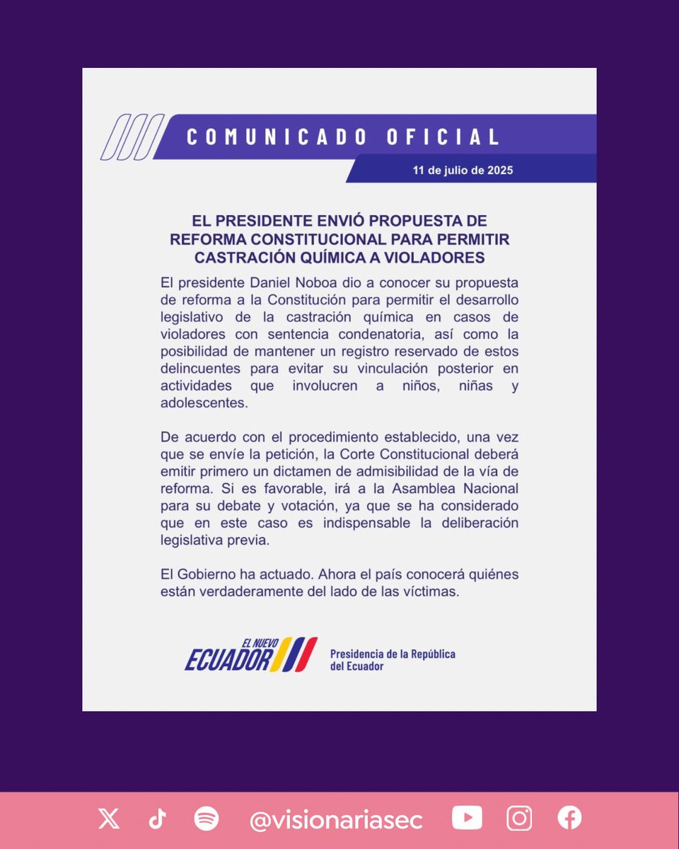 #MiradaNacionalEc | La Corte Constitucional ya tiene en sus manos la propuesta enviada por el presidente Daniel Noboa para permitir la castración química a violadores con sentencia. Ahora debe emitir un dictamen que determine si el tema puede tramitarse como una reforma parcial a