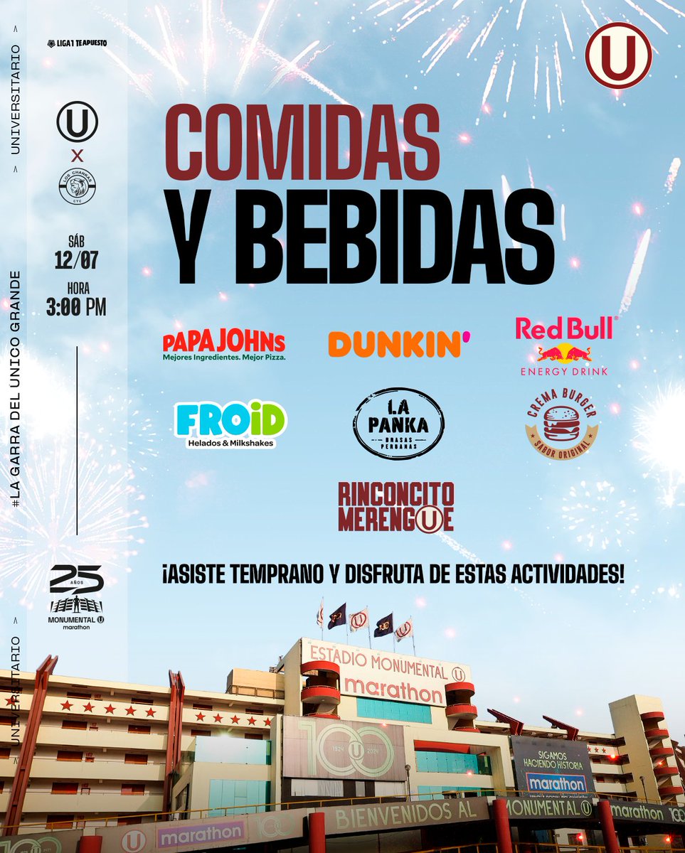 Universitario (@universitario) on Twitter photo 𝗦𝗔𝗕𝗢𝗥 𝗠𝗢𝗡Ⓤ𝗠𝗘𝗡𝗧𝗔𝗟 𝗬 𝗙𝗔𝗠𝗜𝗟𝗜𝗔𝗥 😋
Ven mañana al <a href="/Monumental_U_/">Estadio Monumental Ⓤ Marathon</a> y deléitate con los mejores sabores en nuestro patio de comidas 🍔🍕.
#LaGarraDelÚnicoGrande 𝗦𝗔𝗕𝗢𝗥 𝗠𝗢𝗡Ⓤ𝗠𝗘𝗡𝗧𝗔𝗟 𝗬 𝗙𝗔𝗠𝗜𝗟𝗜𝗔𝗥 😋
Ven mañana al <a href="/Monumental_U_/">Estadio Monumental Ⓤ Marathon</a> y deléitate con los mejores sabores en nuestro patio de comidas 🍔🍕.
#LaGarraDelÚnicoGrande