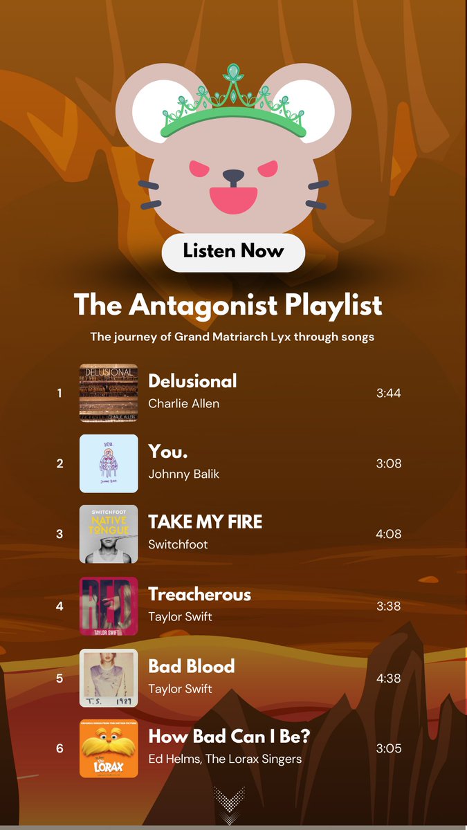 _jreynolds11's tweet image. I’m sliding this one in. Here is our Antagonist’s playlist. The Grand Matriarch Lyx.
#PlaylistPitch #kidlit #MG