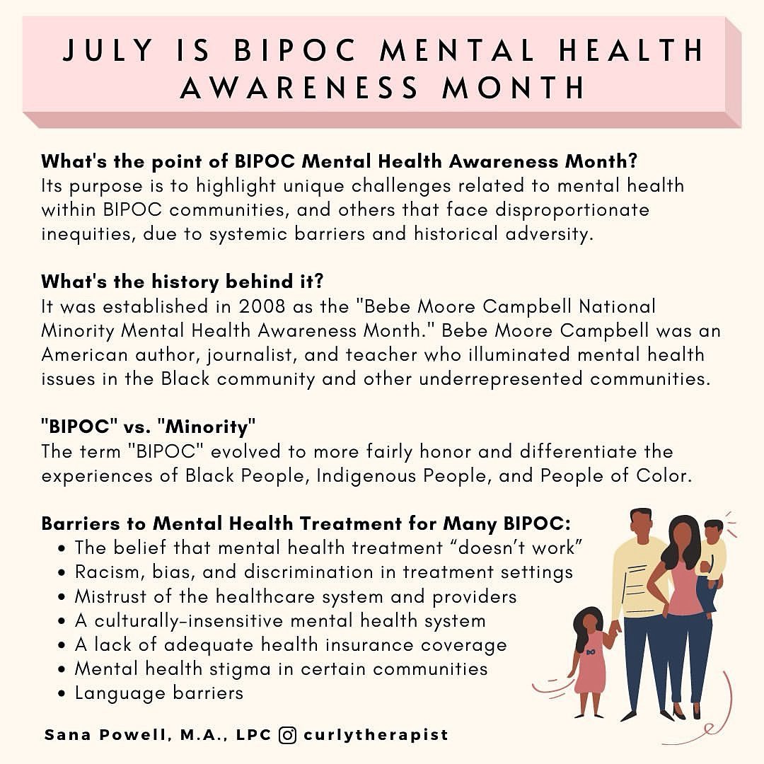 Did you know that July is BIPOC Mental Health Month? This month, we honor and amplify the voices &amp; experiences of Black, Indigenous, &amp; People of Color who continue to face disproportionate mental health challenges due to systemic racism, cultural stigma, &amp; lack of access to care