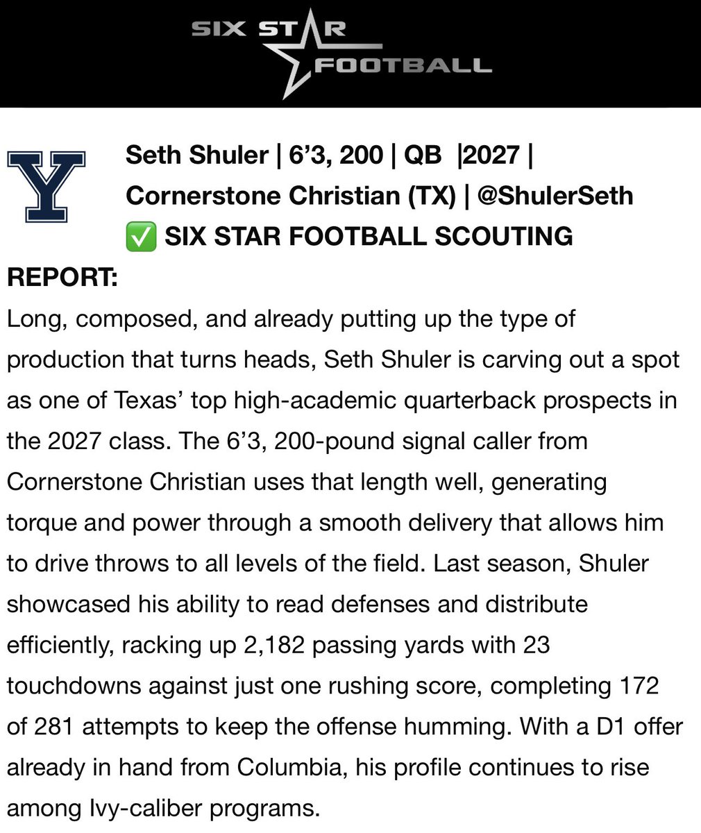 ShulerSeth's tweet image. Always great to get a write up from @sixstarfootball always appreciate the love!! @coach9cg @kcolesports @TXPrivateFBGuy @BDammone @_RL_Martin @2MGE_ @MikeM_Scout