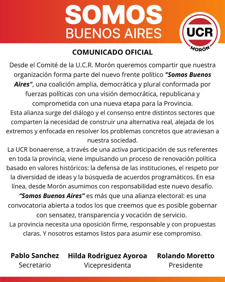 UCR_Moron's tweet photo. Somos Buenos Aires, la alternativa a la polarización de los extremos

La @UCRBuenosAires está de pie, lejos de los extremos y cerca de los problemas de la gente.

Por eso constituimos #SomosBuenosAires, el frente político por una Provincia moderna, justa y solidaria. https://t.co/APMkQ608Po
