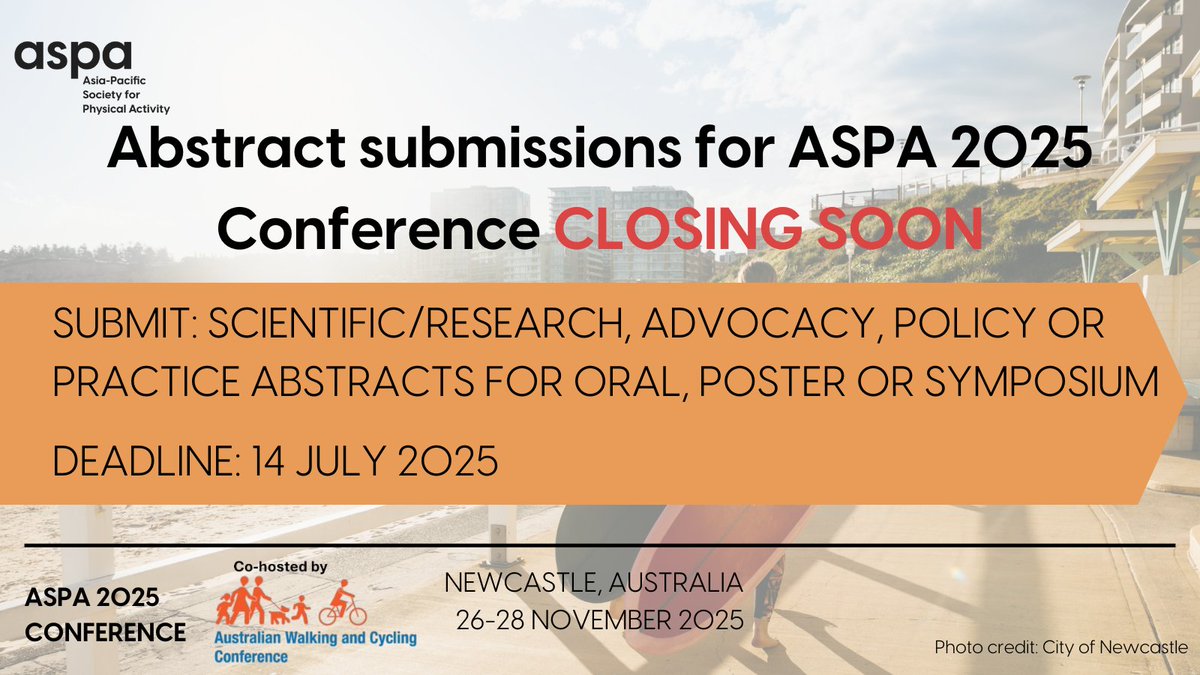 ASPActivity's tweet image. There are only TWO days left to submit your abstract for #ASPA2025 in Newcastle, co-hosted with the Australian Walking and Cycling Conference.
Get typing and submit today: aspactivity.org/conference-202…
You're not going to want to miss this one 🤫
